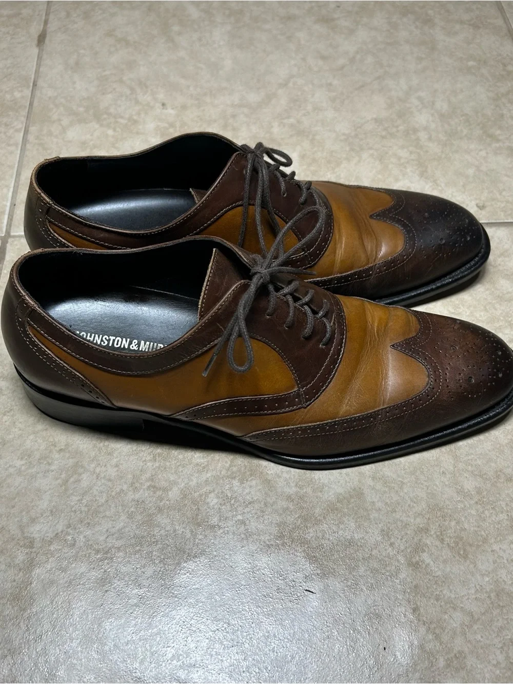 VTG Johnston & Murphy made in Italy Two-Tone Wingtip Brogue Oxford 10M Brown/Tan